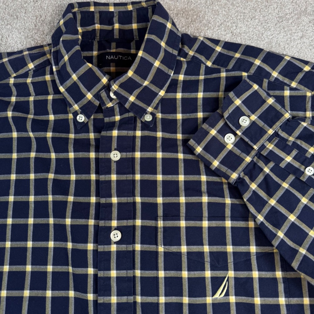 Nautica Mens Medium Long Sleeve Plaid Button Down Shirt Navy Tan Cotton